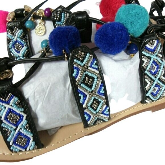 7.5 8.5 10 11 beaded lace-up pompom sandals - Picture 3 of 6